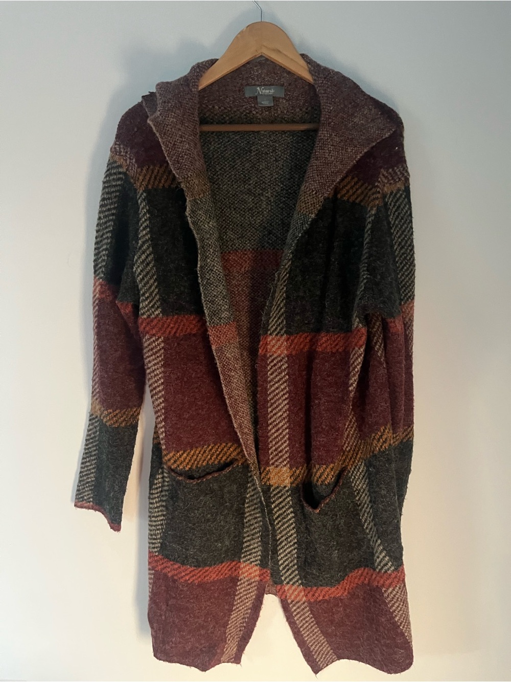 Natural Reflections Burgundy, Gray & Tan Plaid Hooded Open Cardigan long
